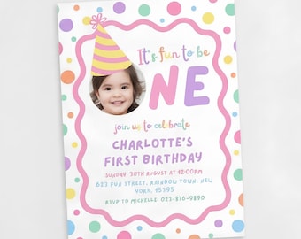 It's Fun to Be One First Birthday Invitation, Editable Girls 1st Birthday Invite with Photo, Canva Template, Instant Download