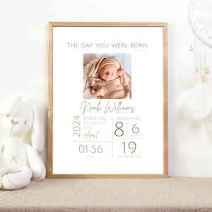 Imprimable le jour de votre naissance, art mural neutre pour chambre de bébé, téléchargement immédiat, cadeau pour nouveau-né, modèle numérique personnalisé, souvenir de bébé