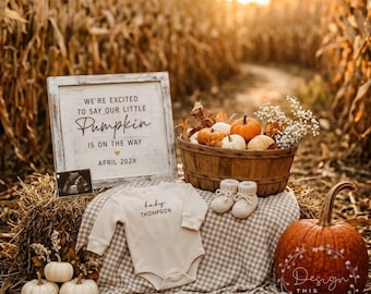 Little Pumpkin Pregnancy Announcement Digital, Growing A Pumpkin Social Media Baby Reveal, Rustic Fall Autumn Cornfield Editable Template