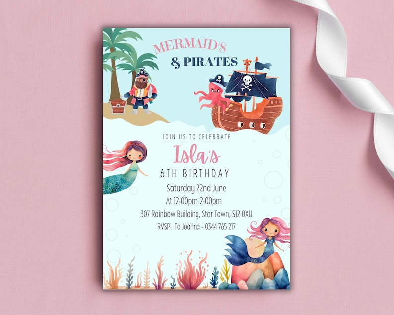 Faire-part d'anniversaire sirènes et pirates, invitation numérique à une fête, téléchargement immédiat, invitation à une fête modifiable, fête sirène et pirate image 4