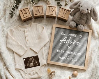 Digital Sibling Pregnancy Announcement Template: One More to Adore, Editable Canva Social Media Reveal