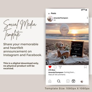 May include: A social media template for an Instagram and Facebook announcement. The image shows a beach scene with a balloon, teddy bear, and a sign that says "We've been keeping a little secret". The template size is 1080px X 1080px.