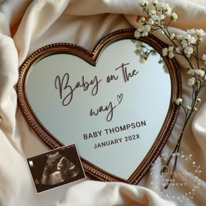 Digital Pregnancy Announcement Template | Heart Mirror Baby on the Way Reveal | Editable Canva Social Media Baby Announcement | Neutral