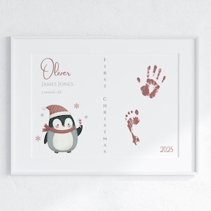Printable Baby&#39;s First Christmas Handprint and Footprint Keepsake | Personalized Holiday Craft Download | Baby Boy 1st Christmas