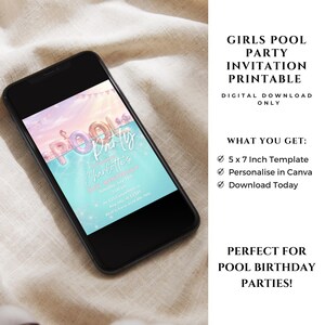 Girls Pool Party Invitation Printable | Pastel Swimming Party Birthday Invite | Editable Digital Download Template | Swim Party Invite image 2