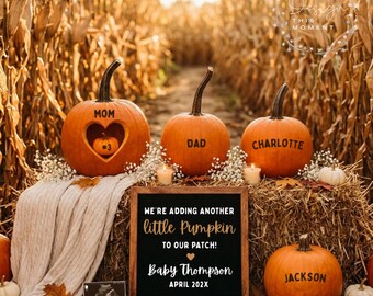 Adding Another Pumpkin To Our Patch Fall Pregnancy Announcement, Third Baby Reveal Digital, Baby Number 3 Sibling Editable Template, Canva