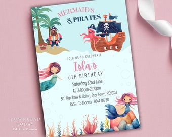 Faire-part d&#39;anniversaire sirènes et pirates, invitation numérique à une fête, téléchargement immédiat, invitation à une fête modifiable, fête sirène et pirate