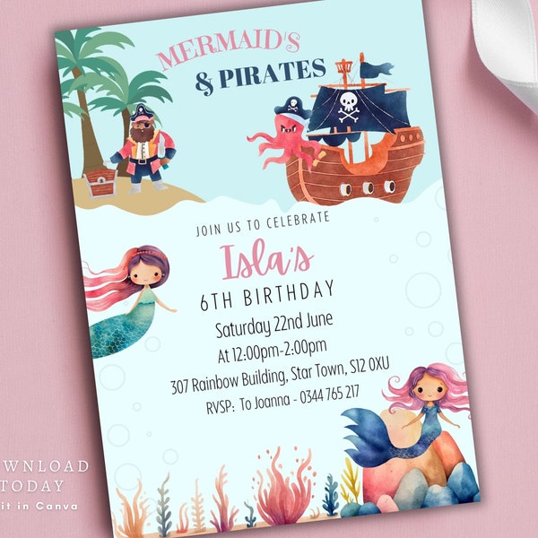 Faire-part d'anniversaire sirènes et pirates, invitation numérique à une fête, téléchargement immédiat, invitation à une fête modifiable, fête sirène et pirate