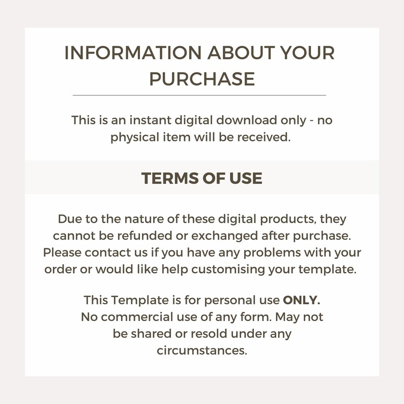 K&ouml;nnte beinhalten: Ein Informationsblatt zum digitalen Download mit dem Titel "INFORMATION ABOUT YOUR PURCHASE". Der Text besagt, dass es sich nur um einen digitalen Download handelt und die Nutzungsbedingungen. Die Vorlage ist nur f&uuml;r den pers&ouml;nlichen Gebrauch bestimmt.