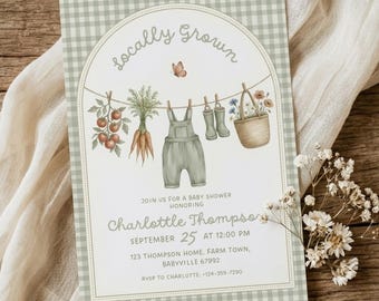 Locally Grown Baby Shower Invitation, Farmers Market Baby Shower Invite, Editable Canva Template, Gender Neutral Printable, Sage Gingham