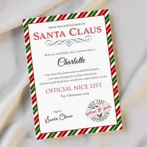 Certificato stampabile della lista dei buoni di Babbo Natale / Modello di lettera di Babbo Natale personalizzato / Riempitivo per la scatola della vigilia di Natale / Download digitale della lista dei buoni 2024