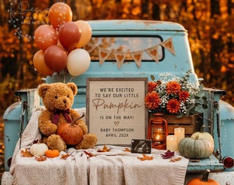 Fall Pregnancy Announcement Digital, Vintage Truck Baby Reveal Template, Little Pumpkin, Autumn Social Media October