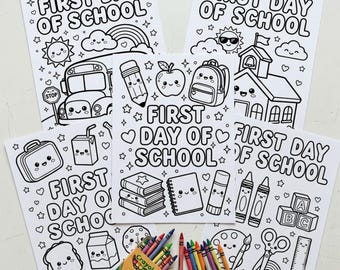 First Day of School Coloring Pages, Preschool Activity Sheets, Kawaii Back to School Printable, Kindergarten Welcome Morning Work PDF