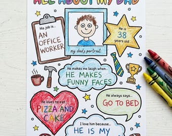 All About My Dad Questionnaire Printable | Fathers Day Gift From Kids | Colour In Dad Birthday Card | DIY Fill In The Blank Kids Craft