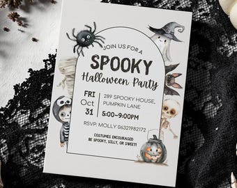 May include: A Halloween party invitation with the words "SPOOKY Halloween Party" in a decorative font. The invitation features illustrations of a spider, ghost, bat, skeleton, mummy, and pumpkin. The date and time are also included.