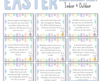 May include: A set of colorful Easter scavenger hunt clue cards with bunny illustrations. The cards feature clues for an indoor and outdoor Easter egg hunt. The text on the cards includes phrases like "The hunt begins!" and "Over 40 Clues!"