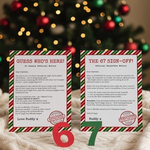May include: Two Christmas-themed cards with red and green borders and text. One card reads "GUESS WHO'S HERE!" and the other reads "THE 67 SIGN-OFF!". A red number 6 and a green number 7 are in front of the cards. The background is a blurred Christmas tree.