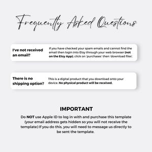 May include: A white background with the text "Frequently Asked Questions" in a handwritten font. The image provides answers to common questions about digital products, including email delivery and shipping.