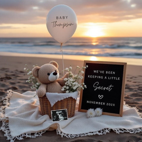 Beach Pregnancy Announcement Template | Summer Baby Reveal | Digital Social Media Reveal | Neutral Baby Announcement Ideas