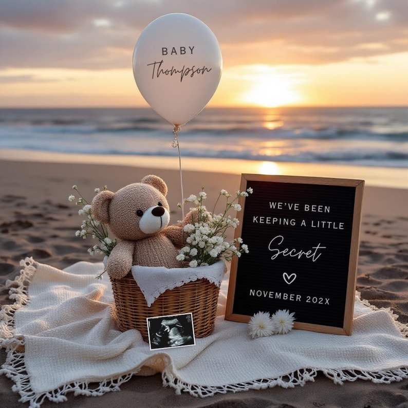 May include: A beach scene with a teddy bear in a wicker basket filled with flowers, a balloon that says "BABY Thompson", and a sign that says "WE'VE BEEN KEEPING A LITTLE Secret NOVEMBER 202X". A sonogram is also present.