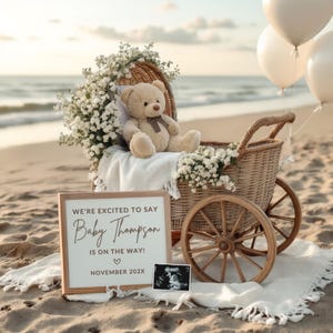Neutral Beach Schwangerschaftansage | Digitale Baby offenbaren | Social Media Schwangerschaft offenbaren Vorlage | Vintage Babymitteilung