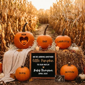Può includere: Cinque zucche arancioni disposte su balle di fieno con i nomi MOM, DAD, CHARLOTTE, OLIVIA e JACKSON stampati sopra. Un intaglio a forma di cuore nella zucca MOM rivela una piccola zucca all'interno. Una lavagna con lettere riporta la scritta WE'RE ADDING ANOTHER little Pumpkin TO OUR PATCH! Baby Thompson APRIL 202X.