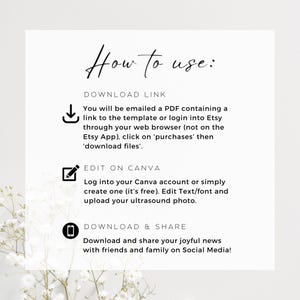 May include: A white background with black text explaining how to use a digital download. The text includes instructions for downloading a PDF, editing the template in Canva, and sharing the final product on social media.