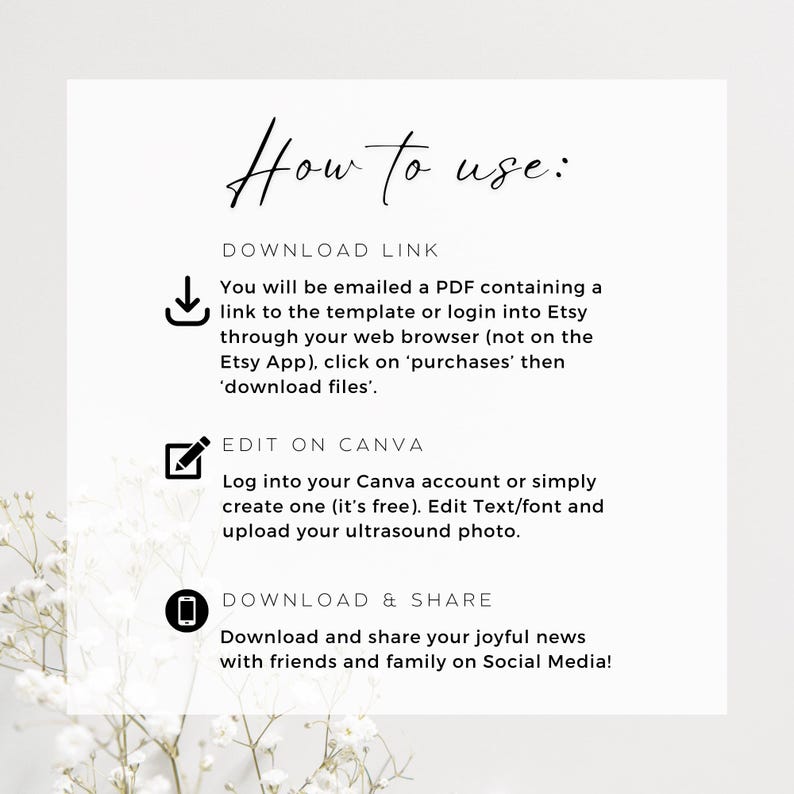 May include: A white background with black text explaining how to use a digital download. The text includes instructions for downloading a PDF, editing the template in Canva, and sharing the final product on social media.