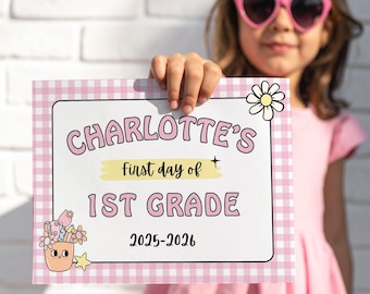 First Day Of School Sign Editable Pink Gingham | Girls Back To School Photo Prop | Printable Instant Download | Retro Cute Design