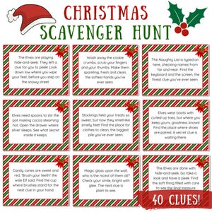 May include: A Christmas Scavenger Hunt game featuring nine clue cards with red and green striped borders. The game includes a Santa hat graphic and the text "40 CLUES!" at the bottom. The clues are written in a playful, rhyming style.
