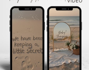 Beach Pregnancy Announcement Video Template | Digital Coastal Baby Reveal for Social Media | Summer Mirror Neutral Baby Reel Canva Editable