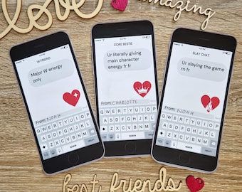 May include: Three mock-up phone screens with text messages on them. The text messages are about friendship and include the phrases "Major W energy only", "Ur literally giving main character energy fr fr", and "Ur slaying the game rn fr".