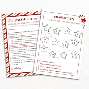 May include: A printable chart for kids with a red and white striped border. The chart is titled "Charlotte's Magical Bedtime Star Tracker". It features a star tracker with 12 stars in a circle. The chart includes instructions on how to earn stars by staying in bed all night, using special bedtime powers, and coloring in a star each morning.