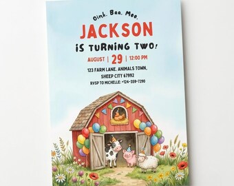 Farm Birthday Invitation | Editable Barnyard Party Invite | Oink Baa Moo Farm Animals Template | Printable Kids Birthday | Canva Download
