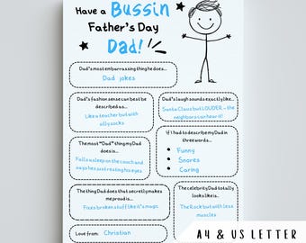 Funny Dad Questionnaire Printable | Father's Day Gift From Tween or Teen | Fill In The Blank Card for Older Kids | Teen Boy Girl Dad Gift