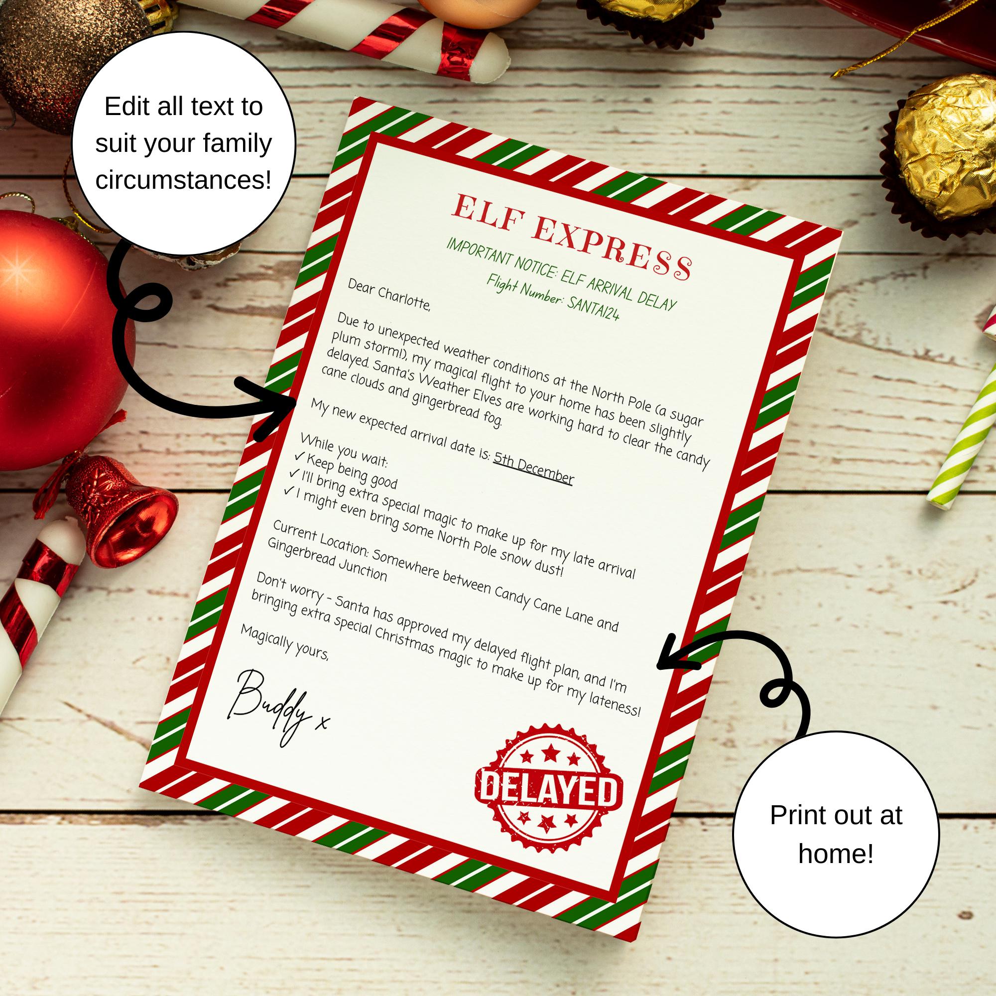 elf late arrival letter printable | delayed elf note | north pole flight  delay | elf excuse letter template | christmas emergency message