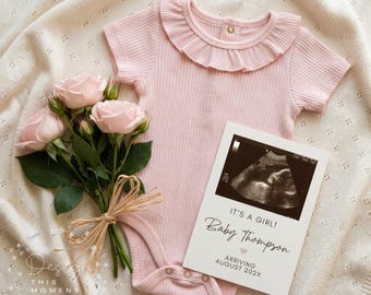 Baby Girl Pregnancy Announcement Template: Pink Floral Ultrasound Reveal, Editable Canva Social Media Post