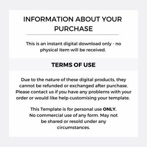 Puede incluir: Fondo blanco con texto negro que detalla la informaci&oacute;n de compra y los t&eacute;rminos de uso. El texto indica que el producto es una descarga digital, no un art&iacute;culo f&iacute;sico, y es solo para uso personal. No se permite el uso comercial.