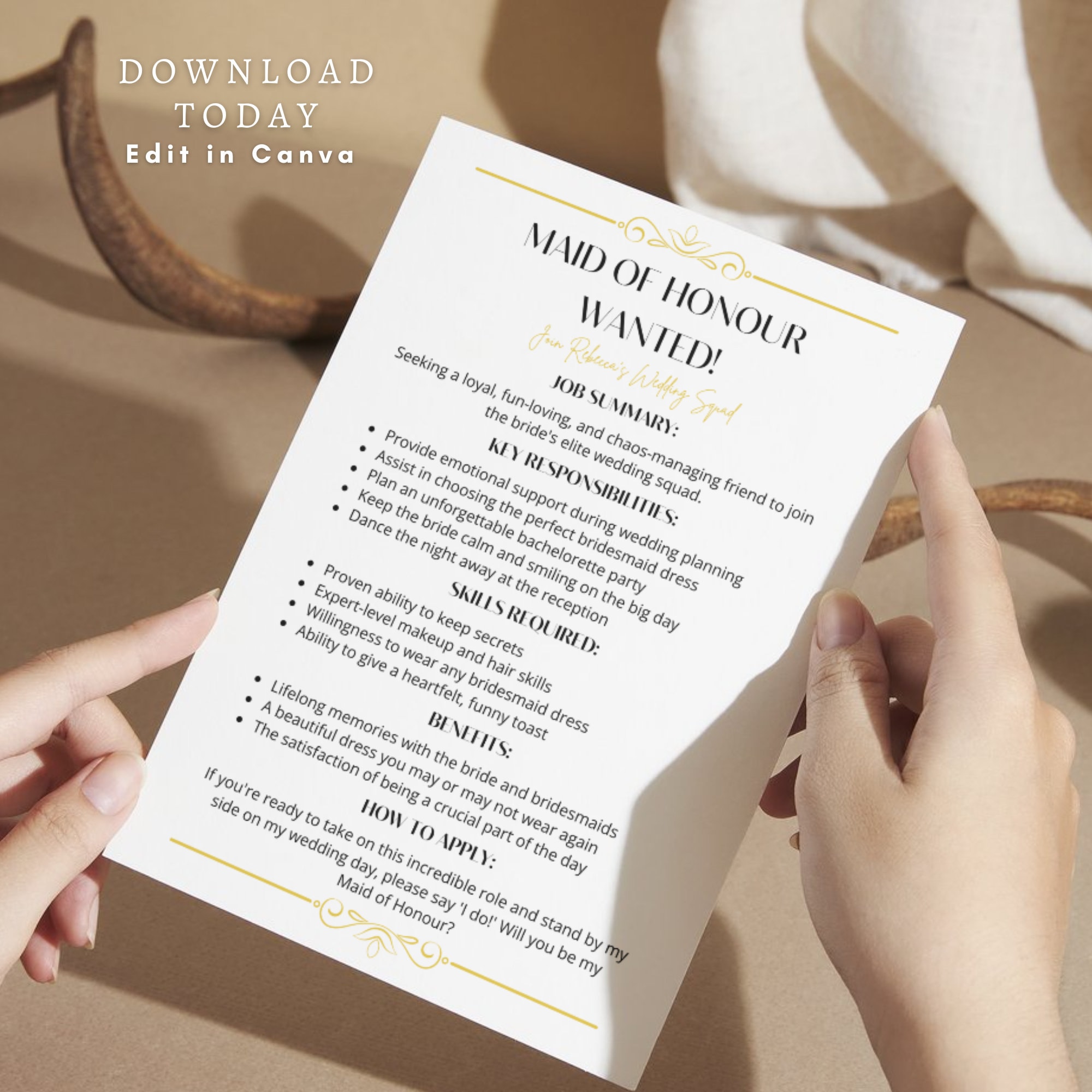 Printable Maid of Honour Proposal Card Bridesmaid Ask Job Description ...