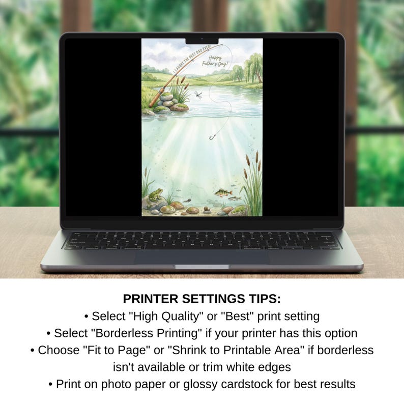 May include: A laptop displays a Father's Day card with a fishing theme. The card features a watercolor illustration of a fishing rod, lake, and fish. Text on the card reads "I caught the best dad ever" and "Happy Father's Day!"