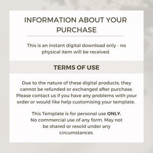May include: A digital download information sheet with text about purchase details and terms of use. The text is in a dark brown font on a light beige background. The sheet states that it is a digital download only.