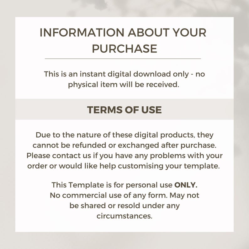 May include: A digital download information sheet with text about purchase details and terms of use. The text is in a dark brown font on a light beige background. The sheet states that it is a digital download only.