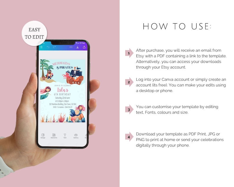 Faire-part d'anniversaire sirènes et pirates, invitation numérique à une fête, téléchargement immédiat, invitation à une fête modifiable, fête sirène et pirate image 2