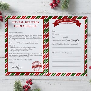 May include: A Christmas-themed letter set with red and green borders. The left side reads "Special Delivery From Your Elf" and the right side is an "Official Letter to Santa." Includes space for wishes and a "nice/naughty" check box.