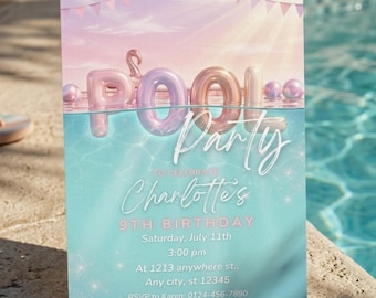 Mädchen Pool Party Einladung Printable | Pastell Schwimmen Party Geburtstag einladen | Bearbeitbare digitale Download-Vorlage | Schwimmen-Party einladen
