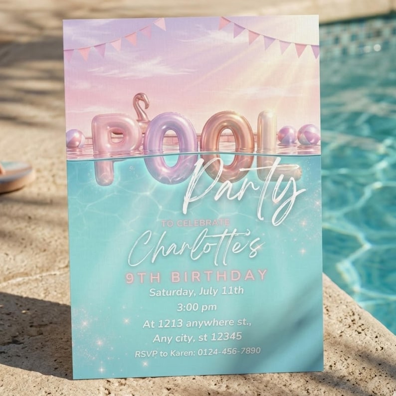 Girls Pool Party Invitation Printable | Pastel Swimming Party Birthday Invite | Editable Digital Download Template | Swim Party Invite image 1