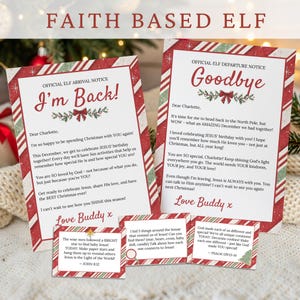May include: Christmas-themed stationery set with red and white striped borders. The set includes two large cards with text, "I'm Back!" and "Goodbye," and two smaller cards with religious messages. The cards are designed for a "Faith Based Elf" theme.