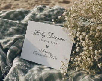 Boho Beach Pregnancy Announcement Without Ultrasound | Gingham Sage Baby Reveal | Editable Canva Template | Neutral Social Media Post