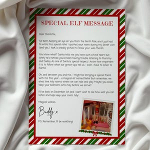 Carta imprimible de anticipación de llegada de elfo / Mensaje de elfo personalizado / Fomento del comportamiento navideño / Mensaje con foto de elfo / Descarga digital