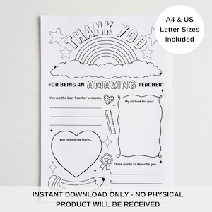 Puede incluir: Una tarjeta imprimible en blanco y negro de agradecimiento al profesor con el texto "THANK YOU" sobre un arco&iacute;ris y nubes. La tarjeta incluye secciones para rellenar y el texto "FOR BEING AN AMAZING TEACHER!" y "A4 & US Letter Sizes Included".